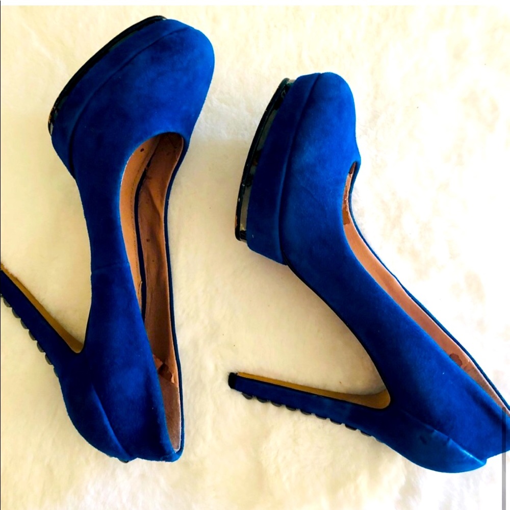 💙VINCE CAMUTO BLUE SUEDE ROCK STUD HEELS 6.5M - Picture 10 of 15